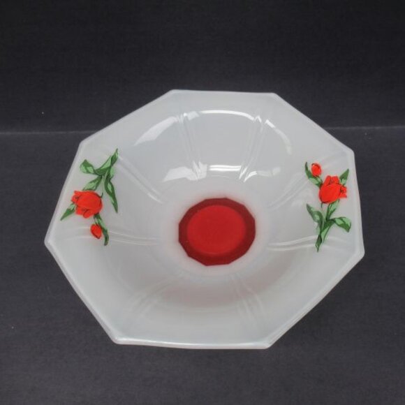 Westmoreland Glass Frosted RED TULIP Accent 9 1/4 Inch Footed Octagonal Bowl - Picture 3 of 4